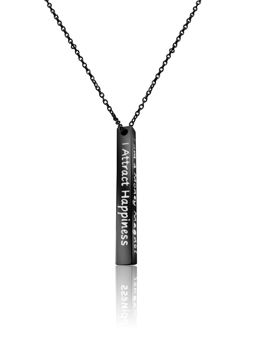 I Attract Happiness - Stylish Men's Black 3D Bar Pendant Affirmation Necklace